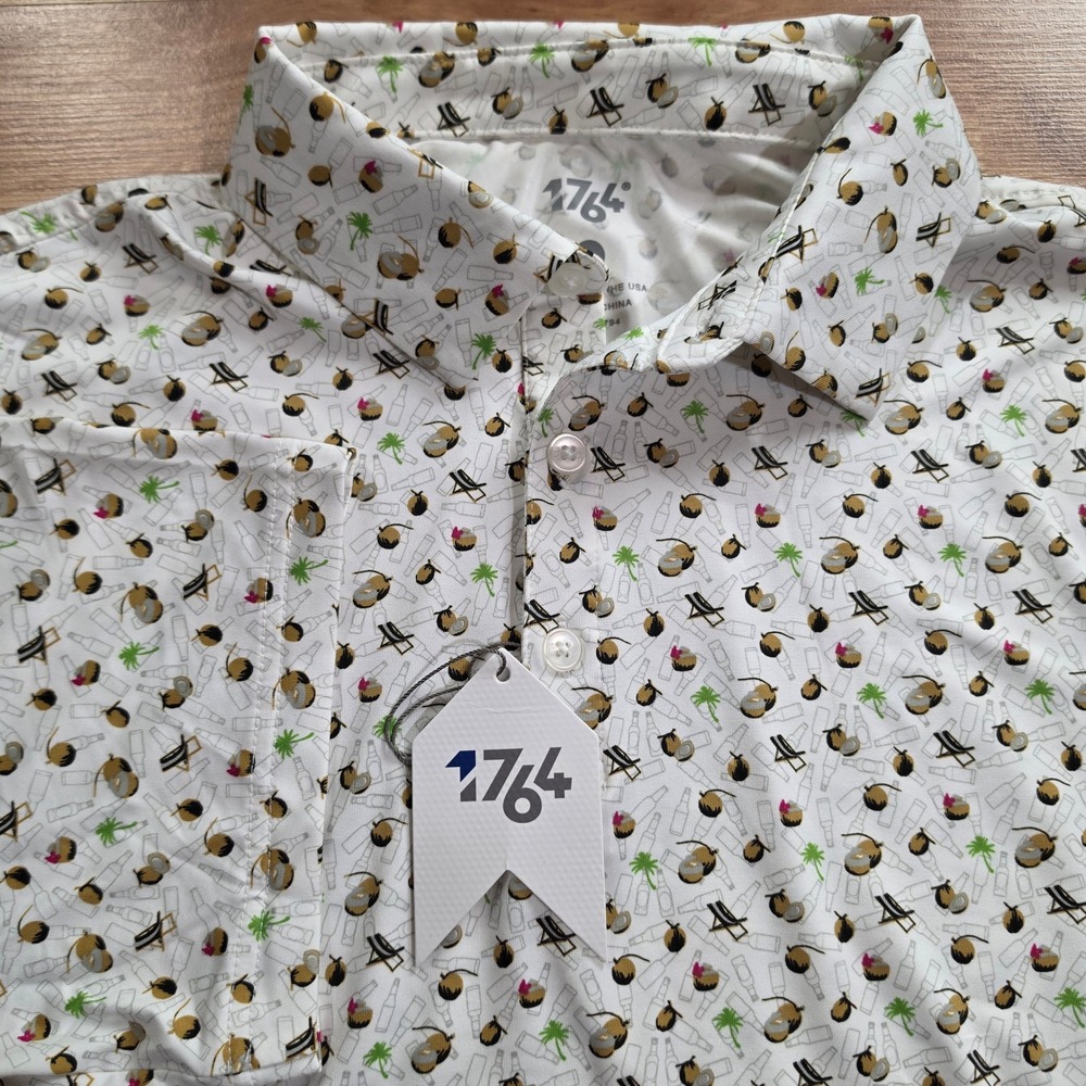 1764 Golf Polo Shirt Mens Large White Tropical Coconut Beach Print New Tag AOP
